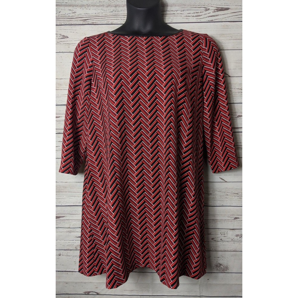 Beige By Eci M Medium Chevron 3/4 Sleeve Shift Dress Tunic Red Black Orange